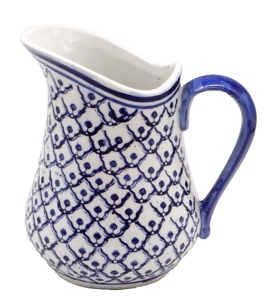 Blue & White Fishnet Pattern Ceramic 32 oz. Pitcher 6.75” Tall