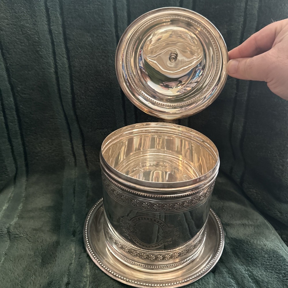 Victorian Style, Silverplate Biscuit Barrel, Footed, Hinged Lid - Source Perrier