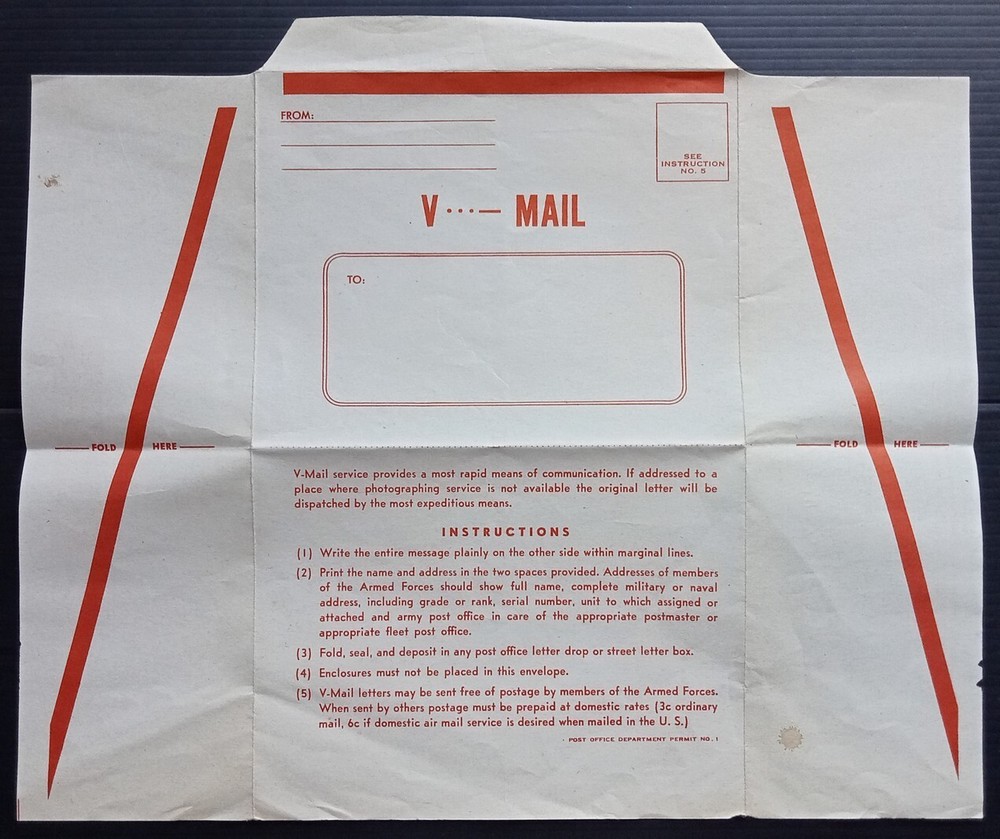 US WW2 V MAIL aerogramme unused