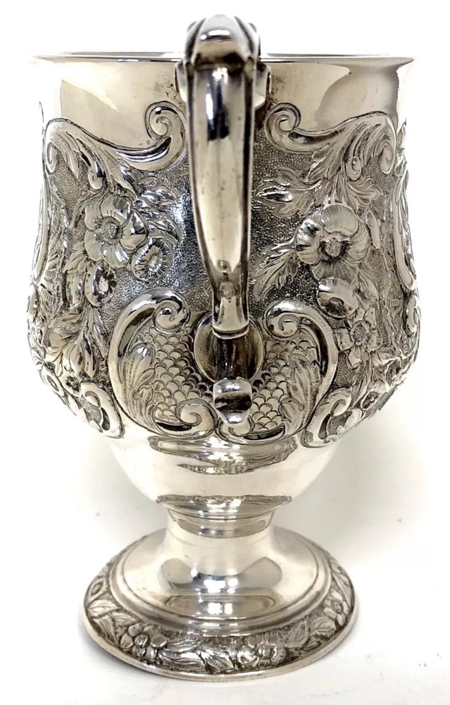 Stunning Antique Irish Solid Silver Two Handled Loving Cup Floral Embossed