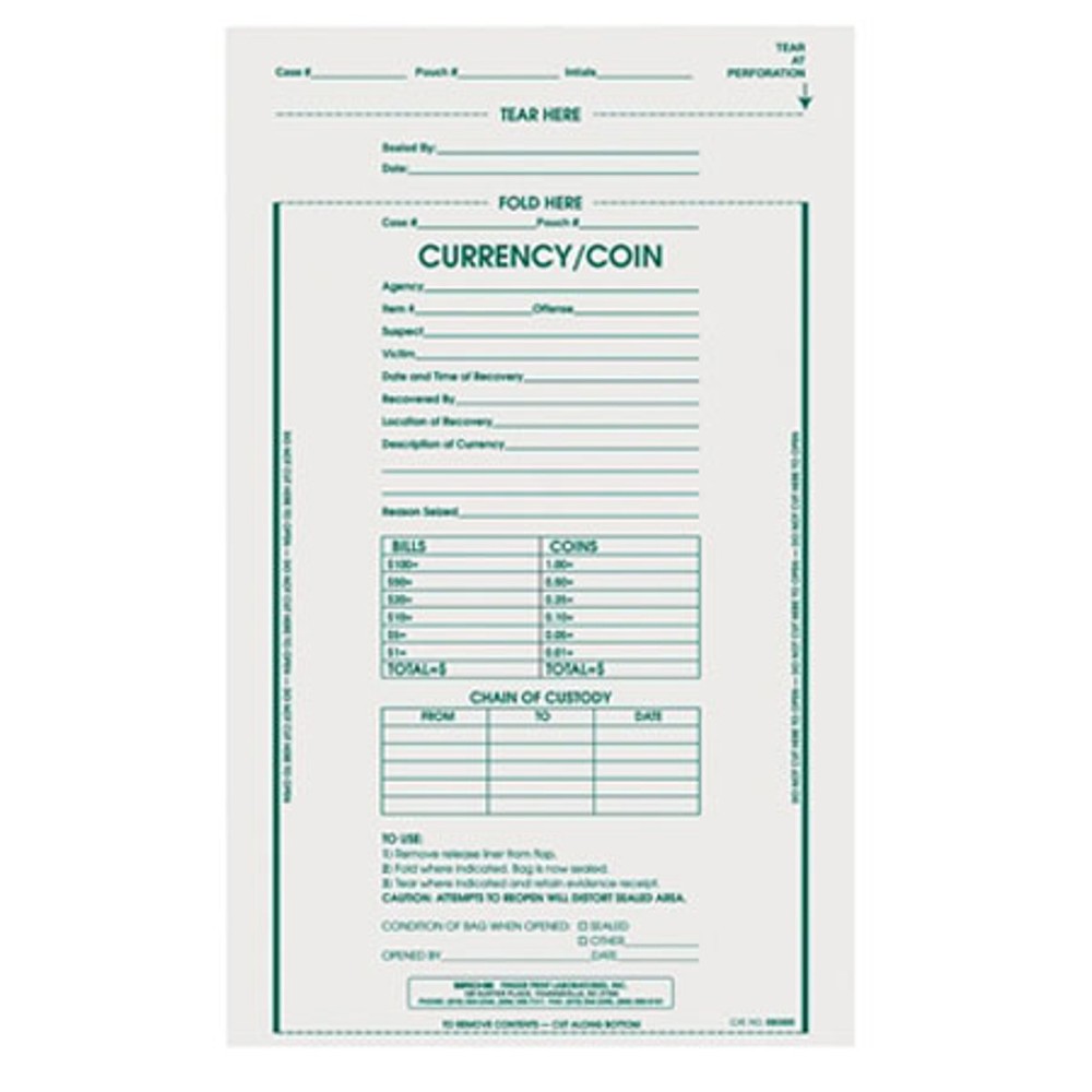 Sirchie Currency/Coin Bag, 9x12", 100 Pack