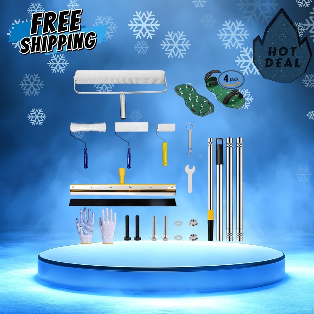self leveling cement tool kit with spiked roller, extension pole, epoxy shoes