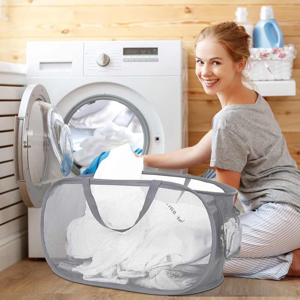 Durable Collapsible Laundry Baskets, Mesh Pop Up Laundry Hamper with Side