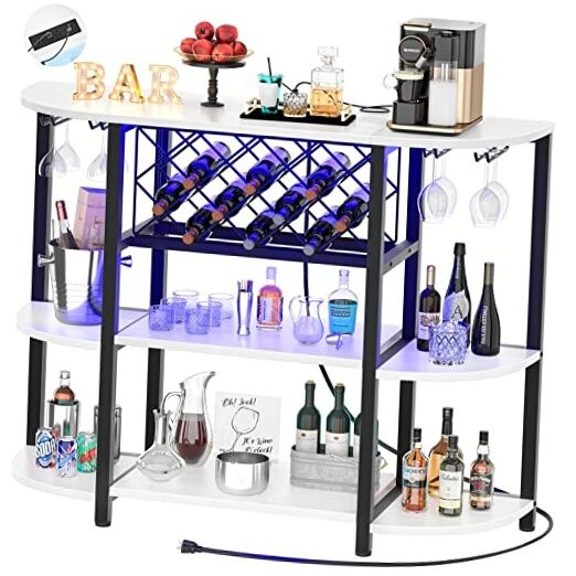 Bar Table Cabinet with Charging Station,Wine Rack Table with LED Light White