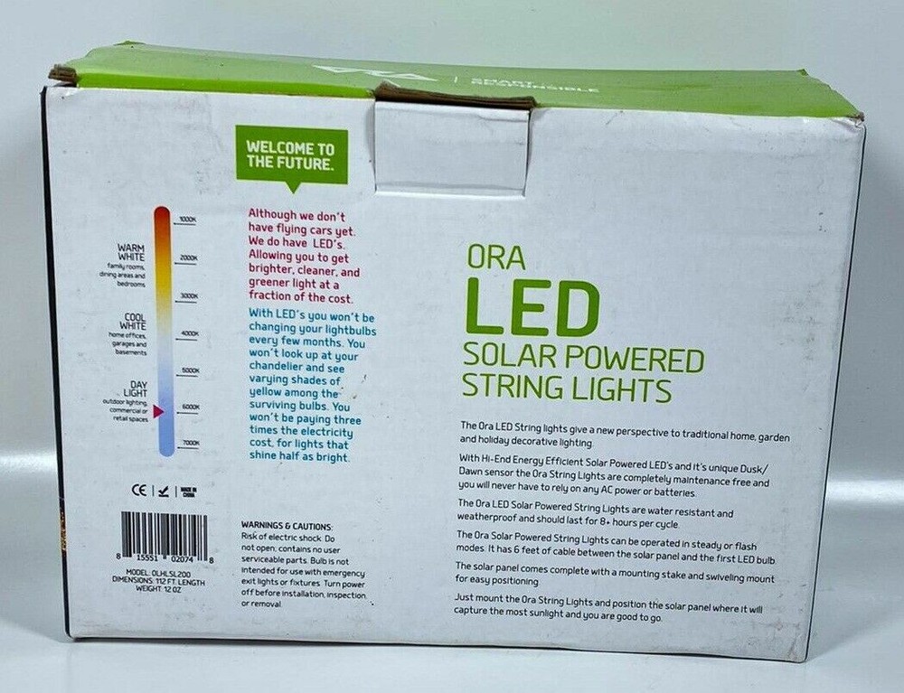 ORA LED Solar Powered String Lights with Automatic Sensor, Black, 112 Ft