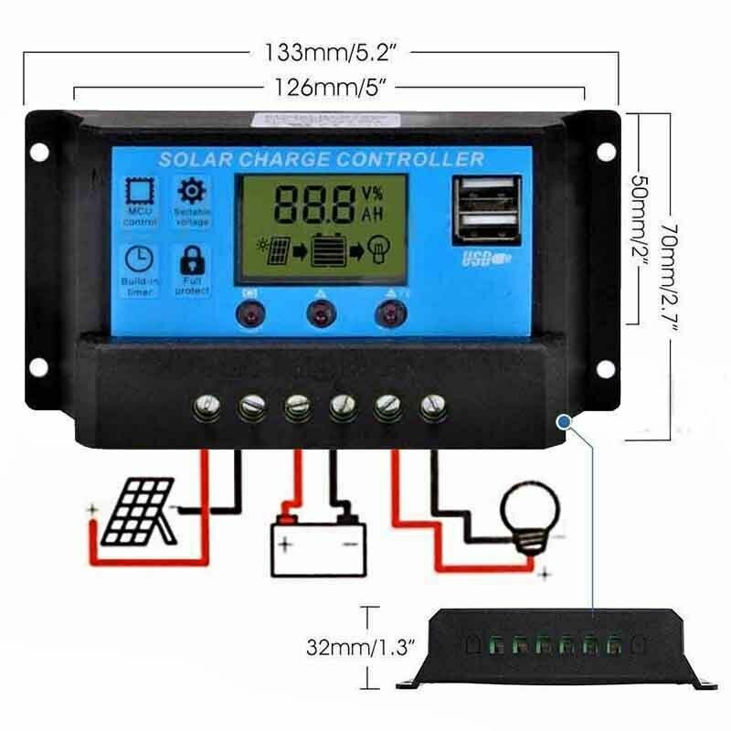 30A Solar Panel Battery Charge Controller 12V/24V LCD Regulator Auto Dual USB US