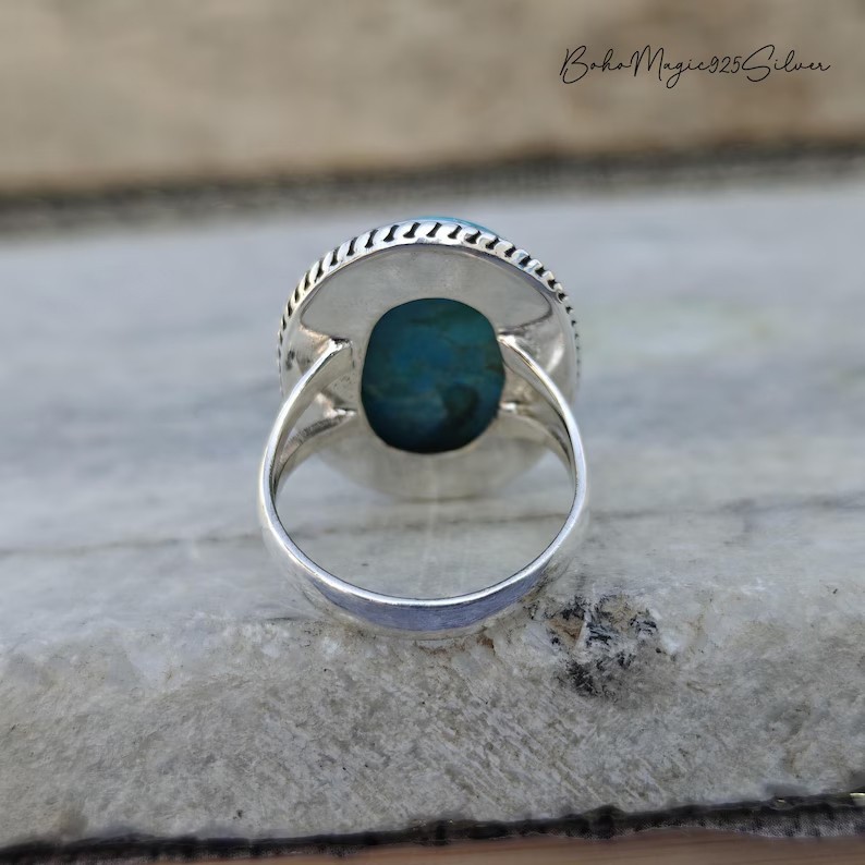 Solid 925 Sterling Silver Turquoise Large Oval Gemstone Boho Vintage Band Ring