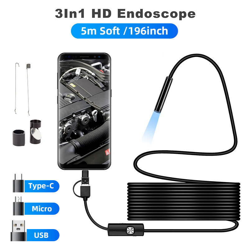 5M Borescope Endoscope Snake Inspection Camera 6LED for Android Type-c