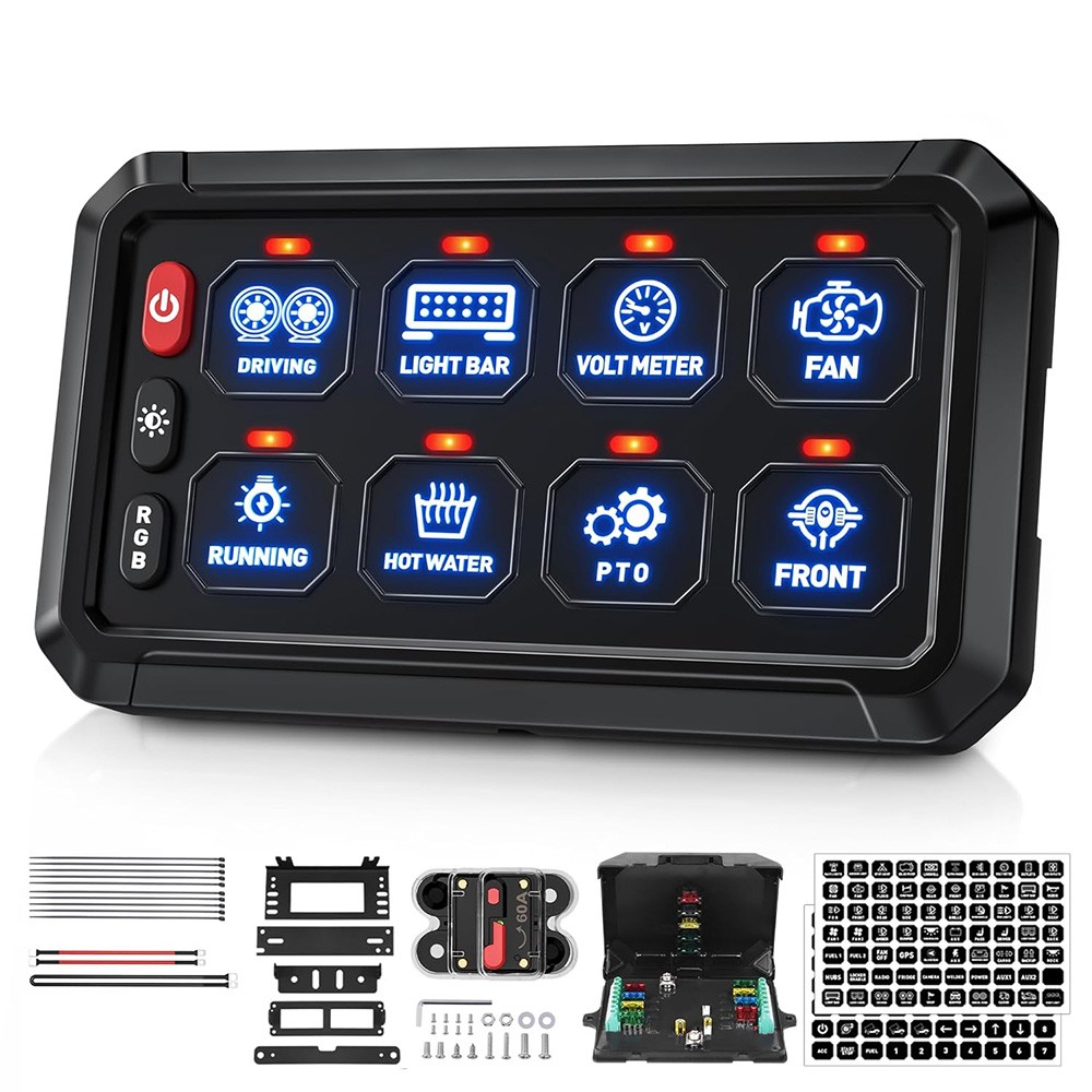 RGB 8 Gang Switch Panel Toggle On-Off LED Light Bar Switch Relay System Marine