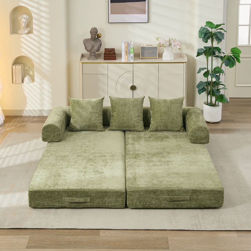 Multi-Functional Floor Sofa Convertible Folding Chenille Bed Sofa Couch Green