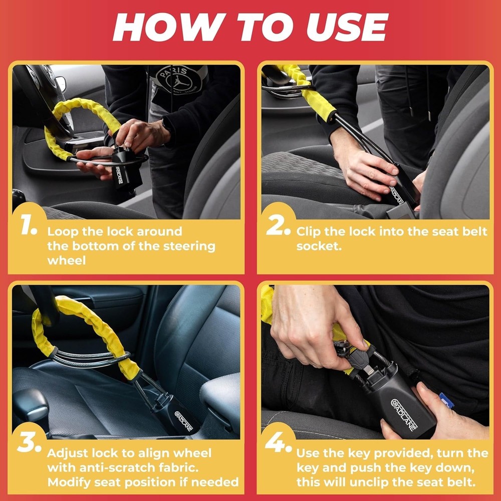 Double Lock Car Security System - High Visibility Steering Wheel & Seatbelt Lock