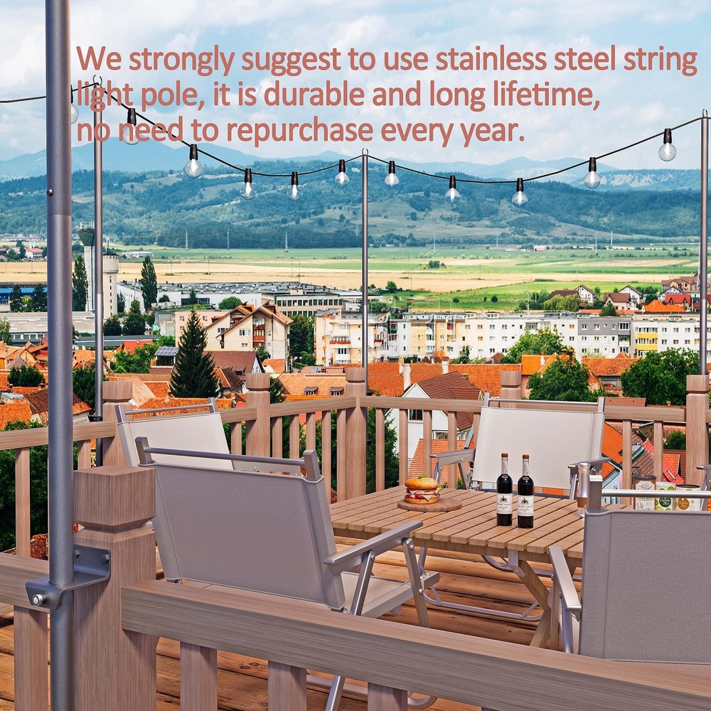 2 Pack 6.5 FT Stainless Steel String Lights Pole Bracket/Holder for Deck Rail...