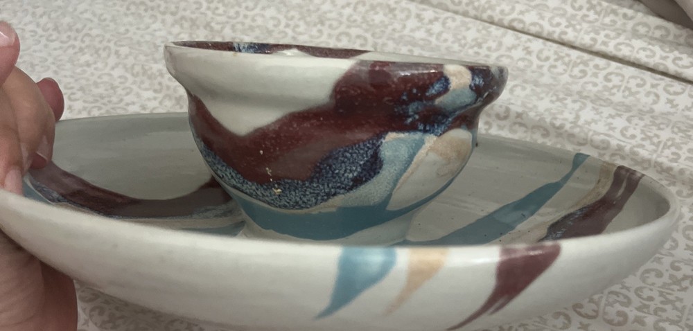 Studio Signed Art Dip And Chips Platter Stoneware Abstract Colors