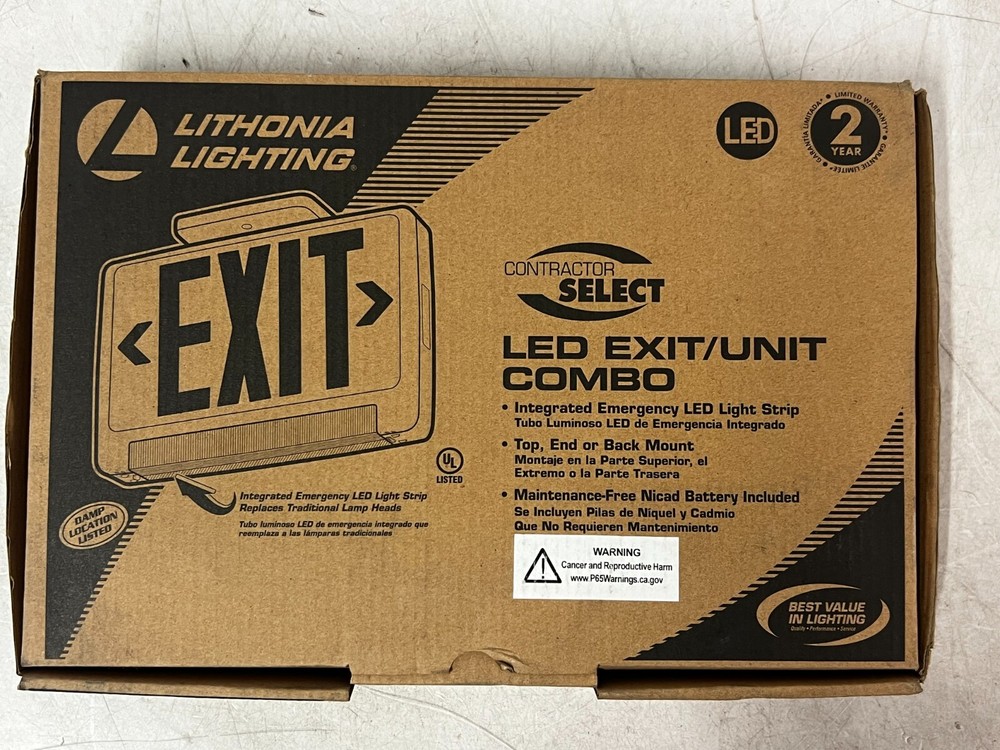 QTY 2 Exit Sign w/Emergency Lights: White, 1 or 2 Faces, Red, LED, Ceiling/Wall