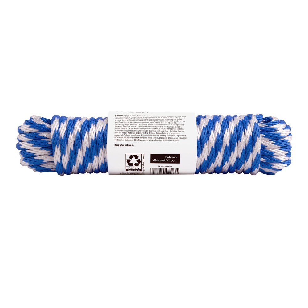 Polypropylene Solid Braid Rope, Blue and White, 3/8" x 50', 1 Each