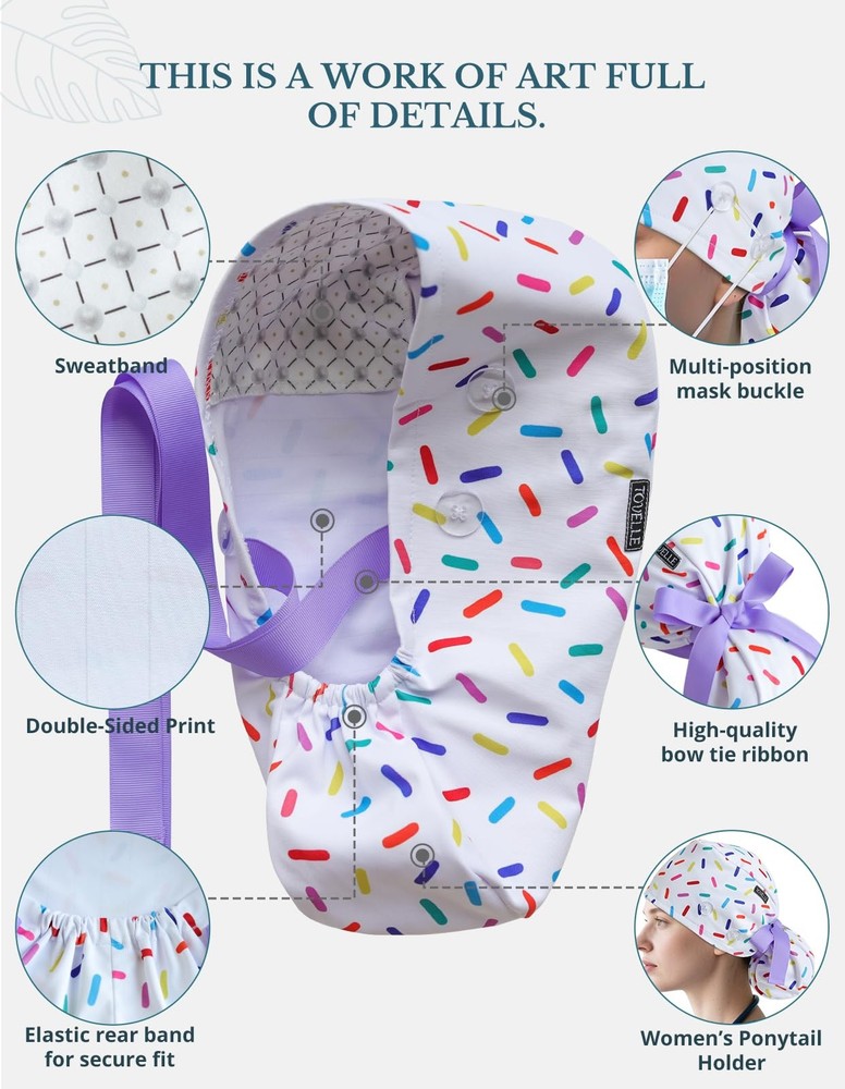 Scrub Caps Women Ponytail – Sprinkle White Double-Sided Printed Surgical Hat ...
