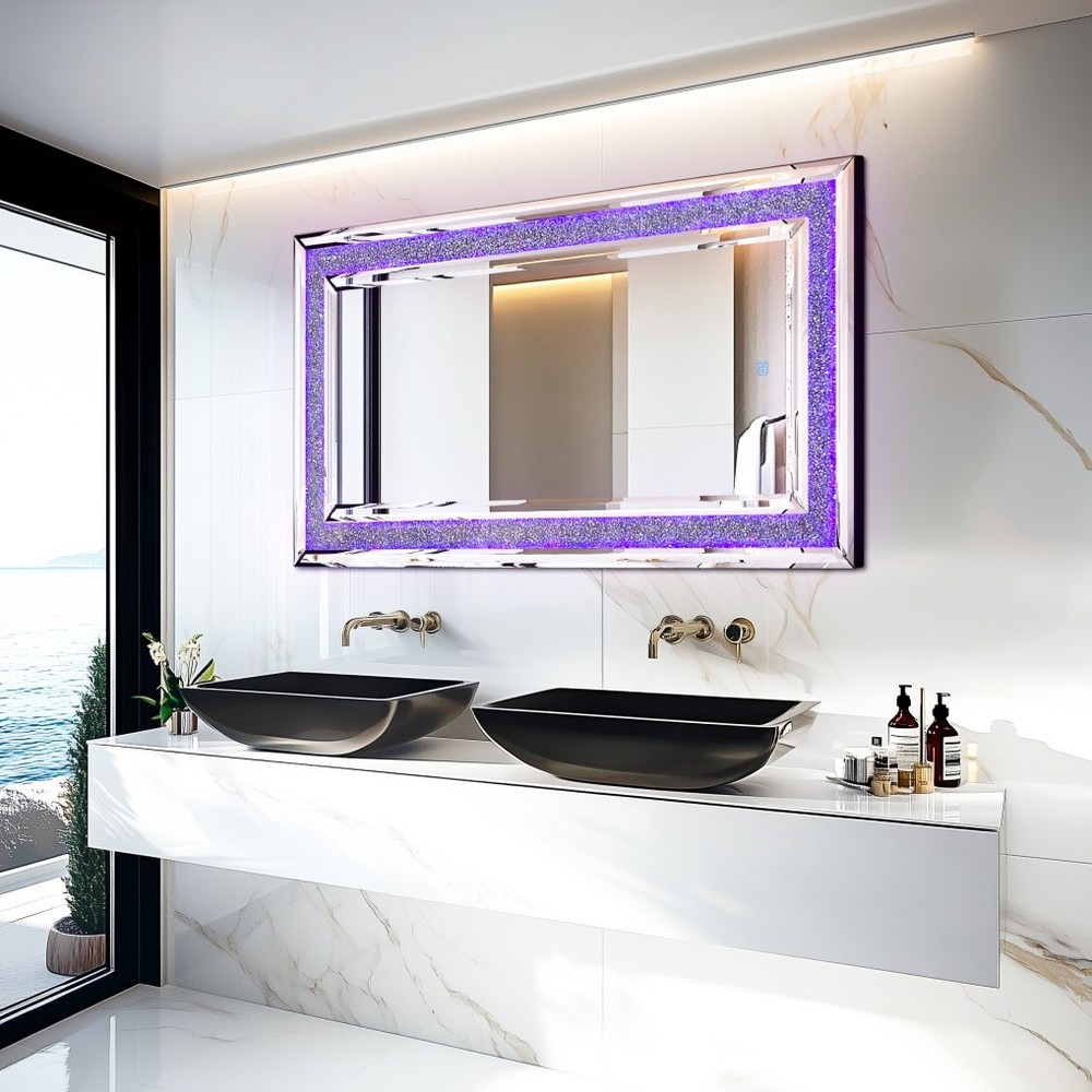 LED Crushed Diamond Mirror 48x24 inch Rectangular Crystal Vanity with RGB Lights