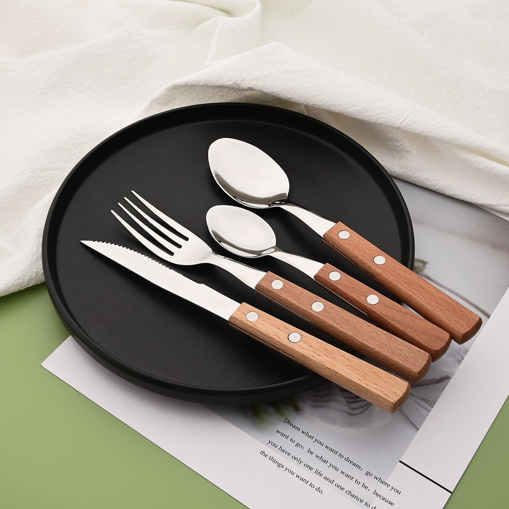 Silver Flatware Set with Natural Wood Handle, 24 PCS Silverware Set for 6, Pr...