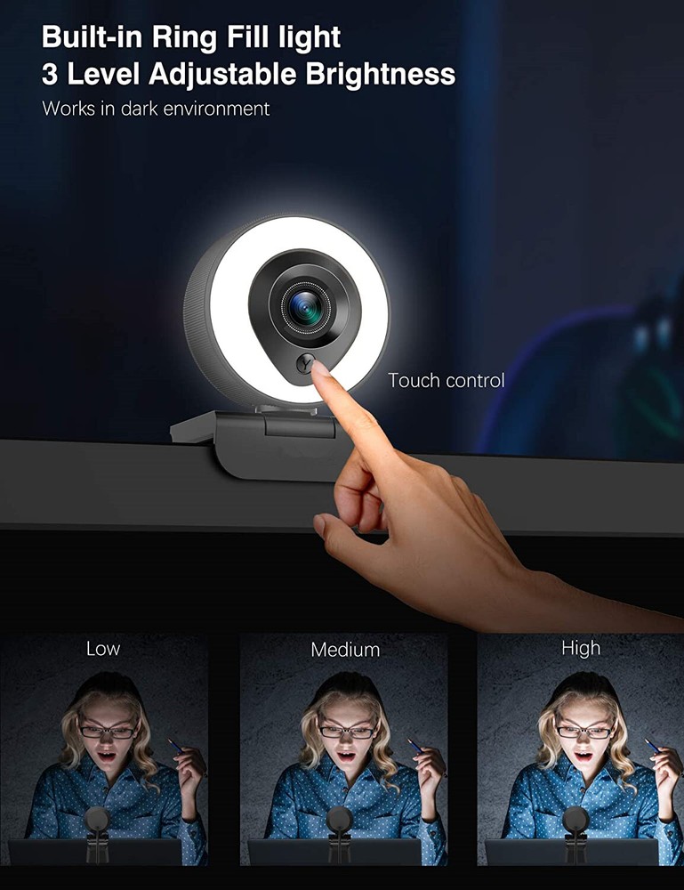 Webcam Streaming 1080P Full HD with Dual Microphone and Ring Light, USB Stream