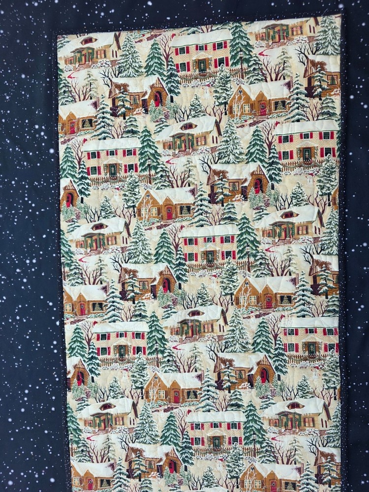 Handmade Quilted Table Runner CHRISTMAS patchwork plaid trees houses