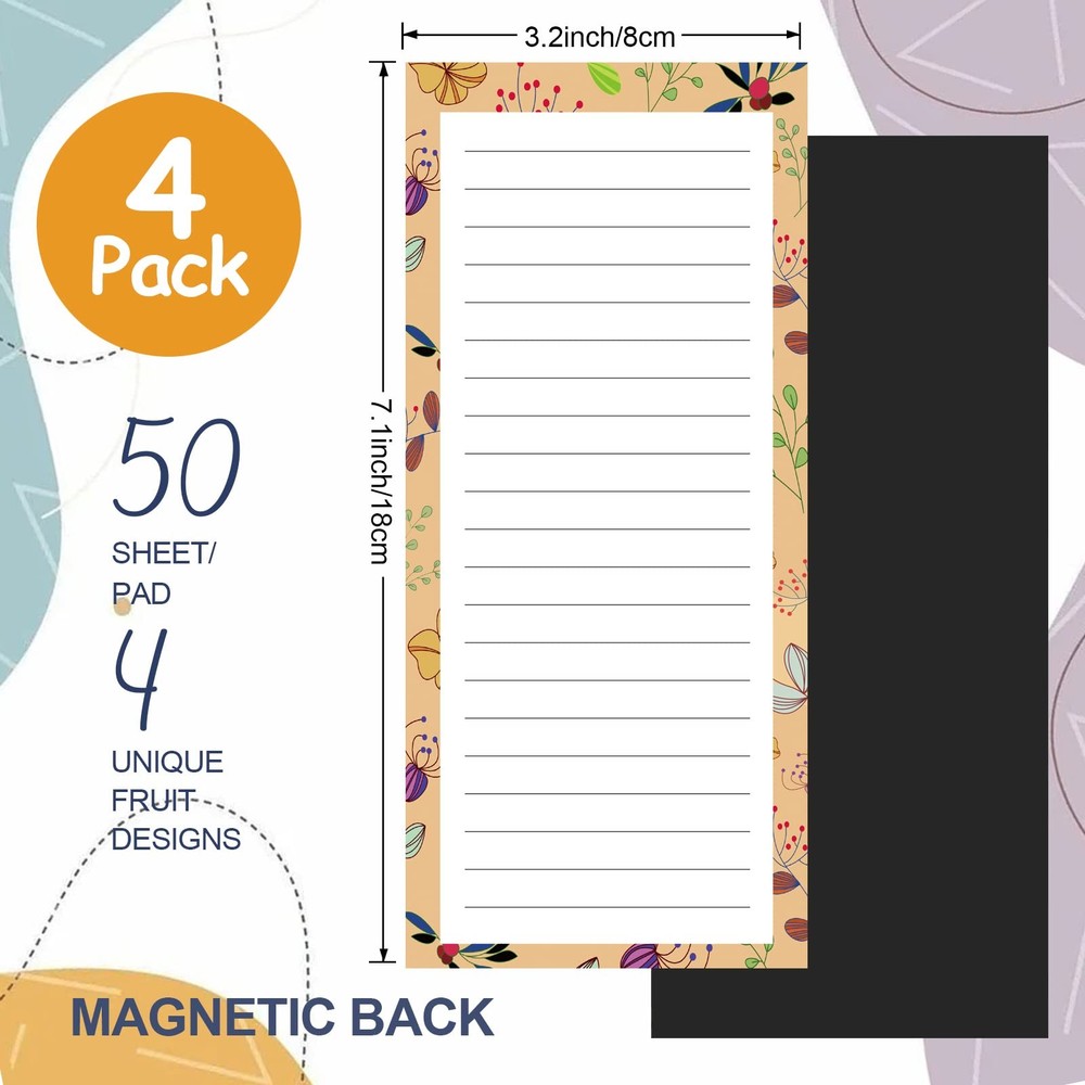 Refrigeor Notepad Set, 4 Pads, 50 Sheets Each, Flower Pattern, Multicolor