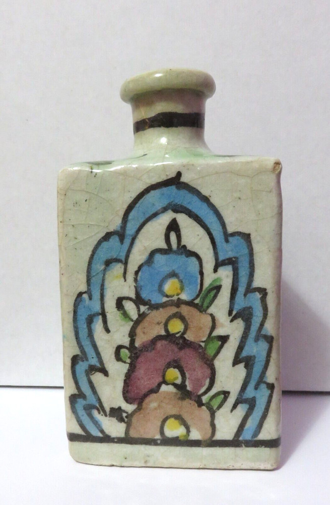 ANTIQUE HANDPAINTED STONEWARE TRIANGLE SHAPED BOTTLE