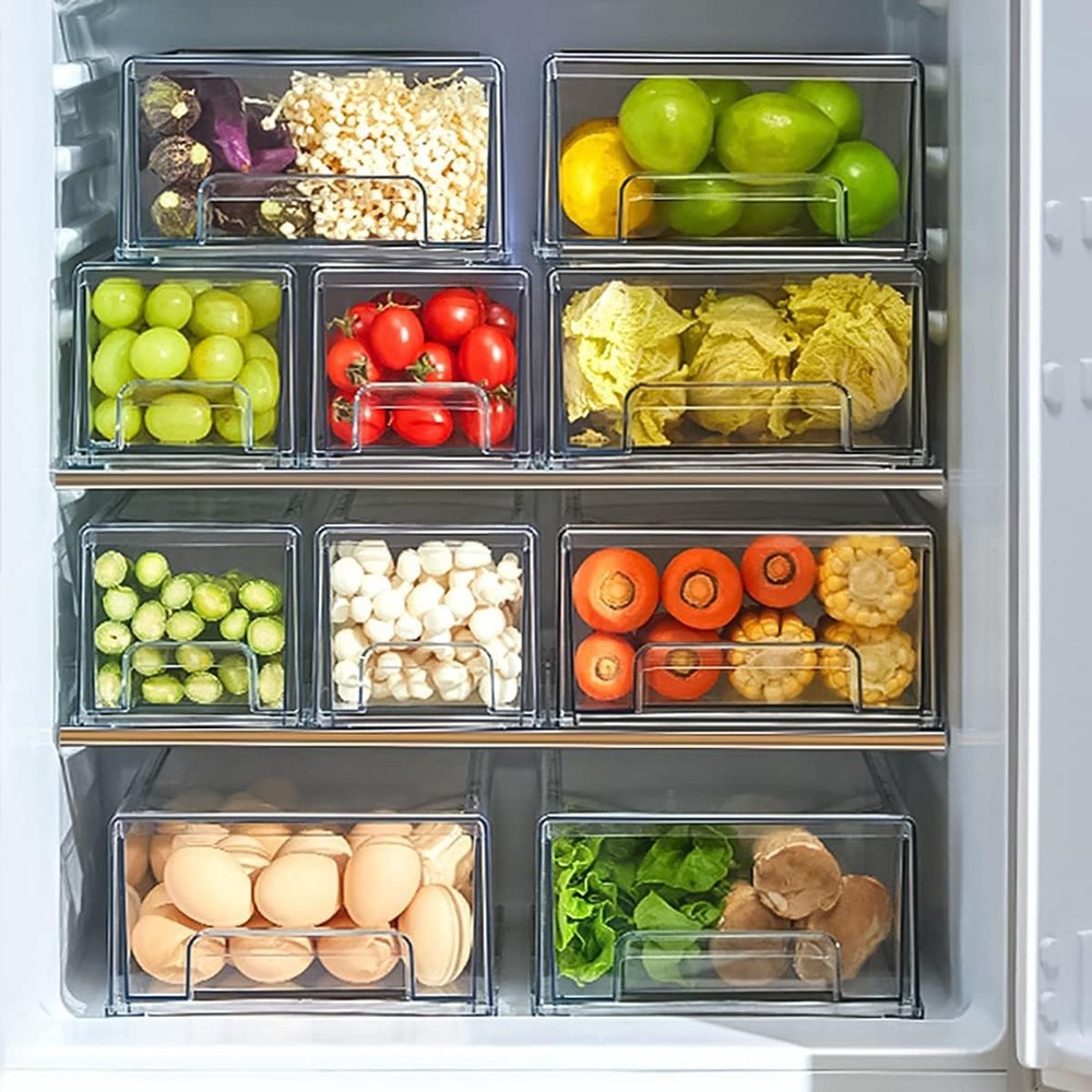 2 Pack Stackable Refrigerator Drawers Pull Out Bins Clear Fridge Drawer Organ...