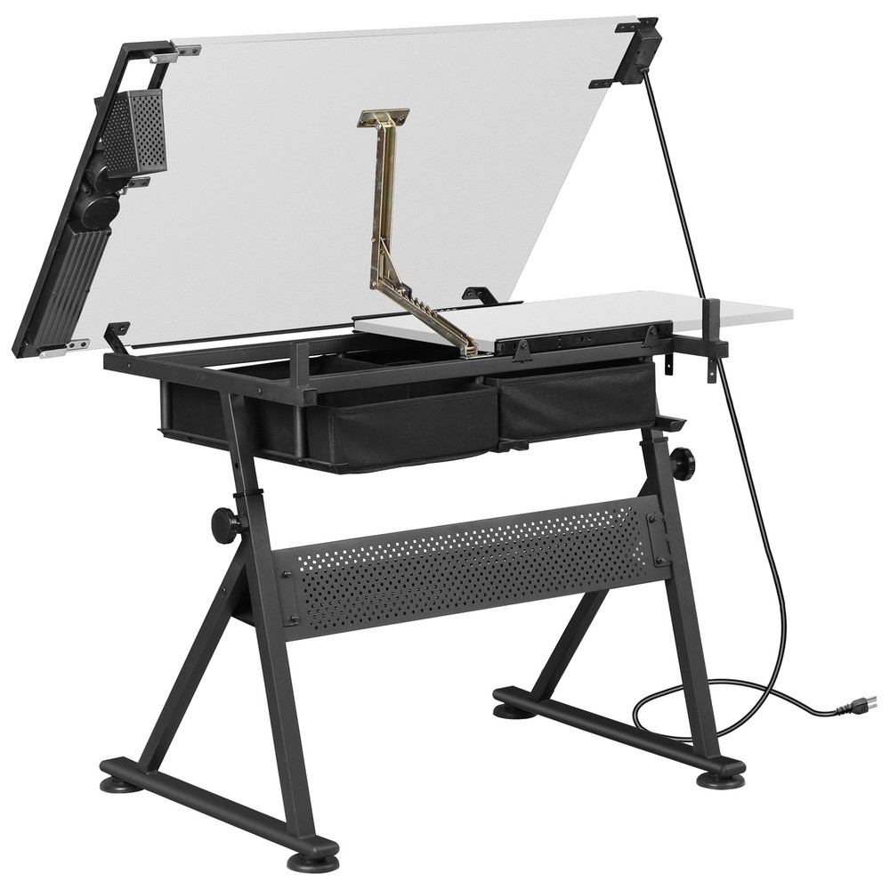 Adjustable Drafting Drawing Table Tiltable Tabletop w/ Stool & Outlet White