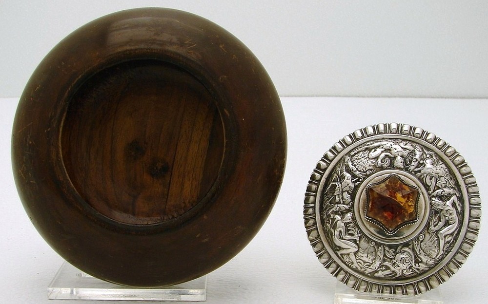 Carved Wood Box with German Solid Silver Top & Base w Fig Frog & Amber Finial