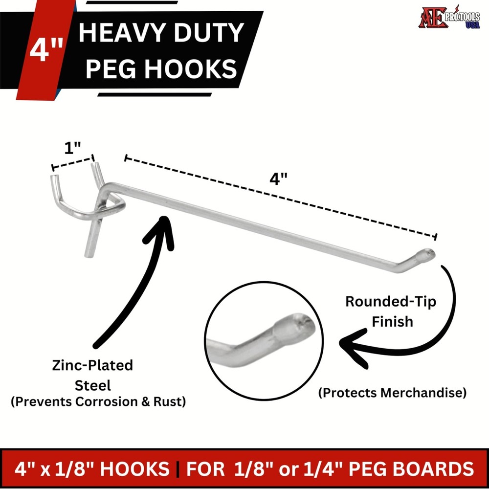 [100 Pack] 4" Pegboard Hooks, Tool Organization for 1/8" and 1/4" Pegboards