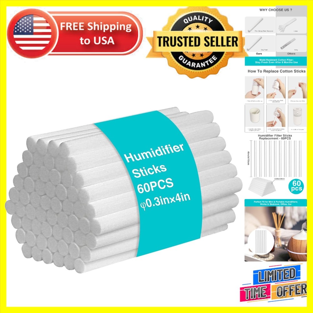 60PCS Cotton Humidifier Filter Sticks - Rapid Absorption for Mini Diffusers