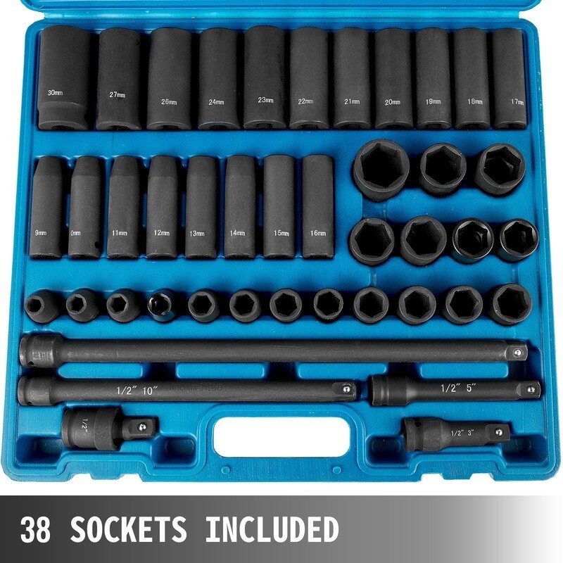 1/2 Inch Chrome Finish Deep Socket Wrench Set 43 Pc High Torque Tools Blue New