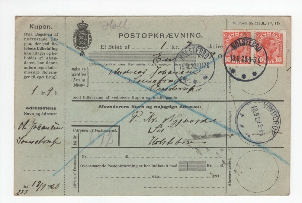 DENMARK: Postal form COD, Holstebro 1920.