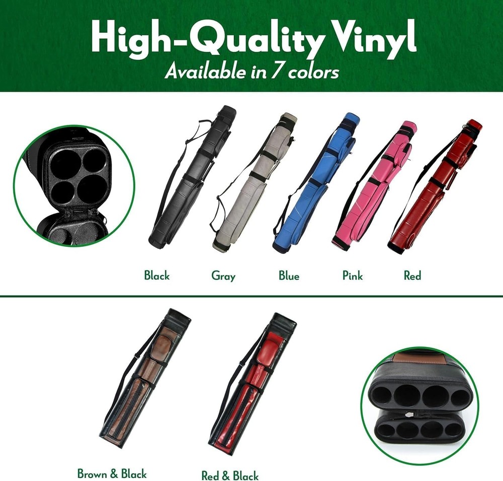 Portable Hard Pool Cue Stick Case - Adjustable Strap & External Pockets Included