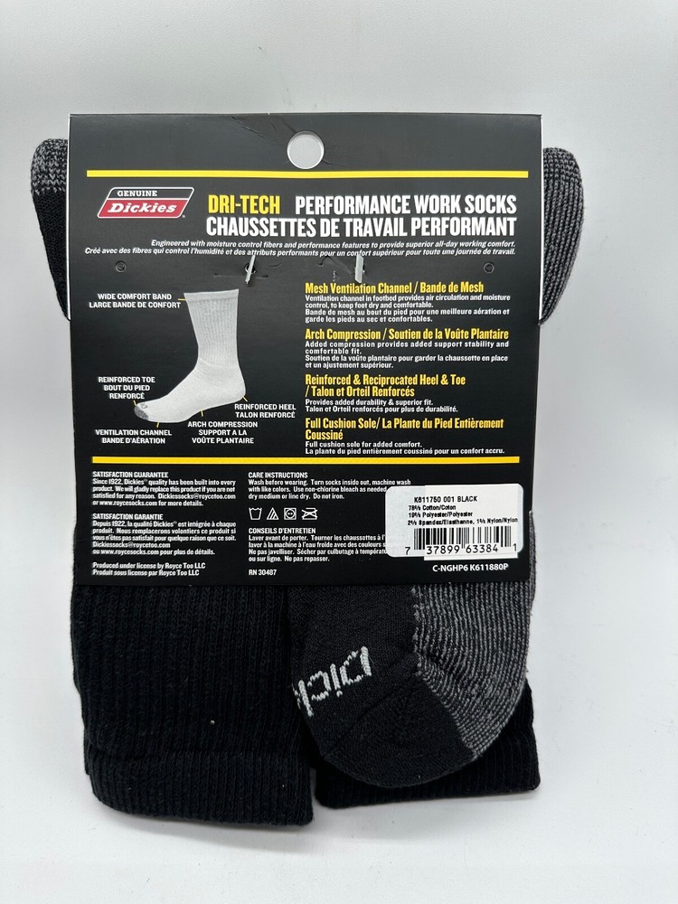 NEW 6 PAIR PACK DRI-TECH CREW GENUINE DICKIES MENS FLEX PERFORMANCE WORK SOCKS