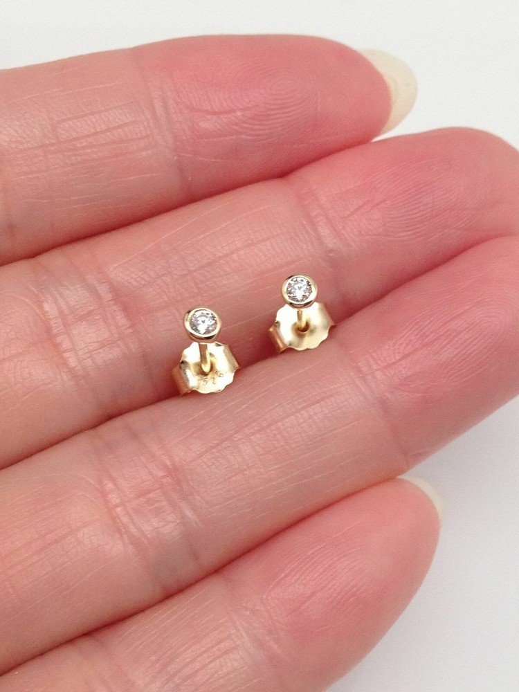 Silver Plated Tiny Bezel Cz Solitaire Stud Earrings 2mm Lab-Created