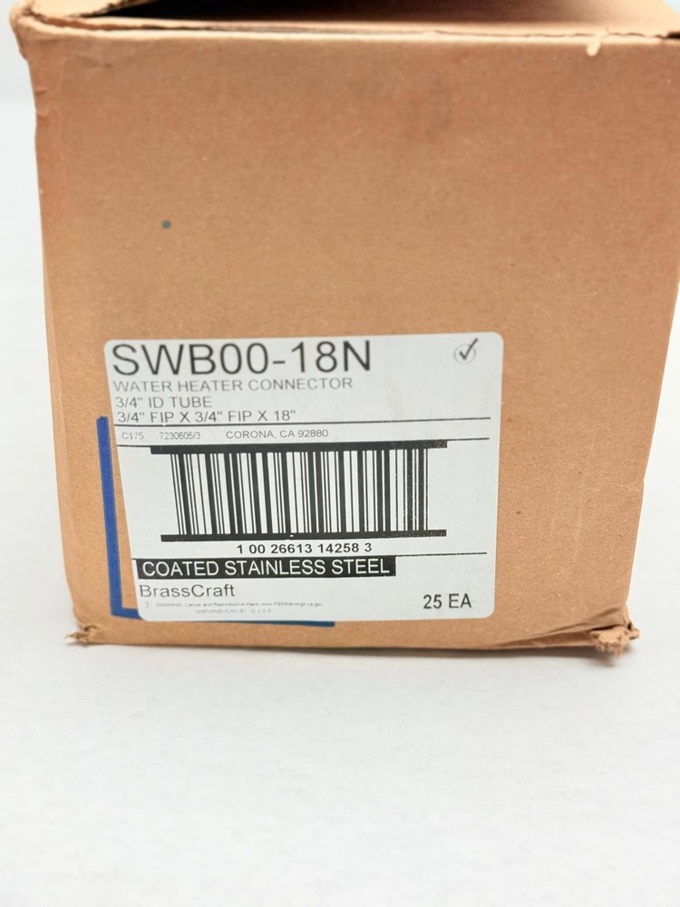 Water Heater Conector SWB00-18N, 3/4 FIP X 3/4 FIP X 18" Box Of 25 Brasscraft