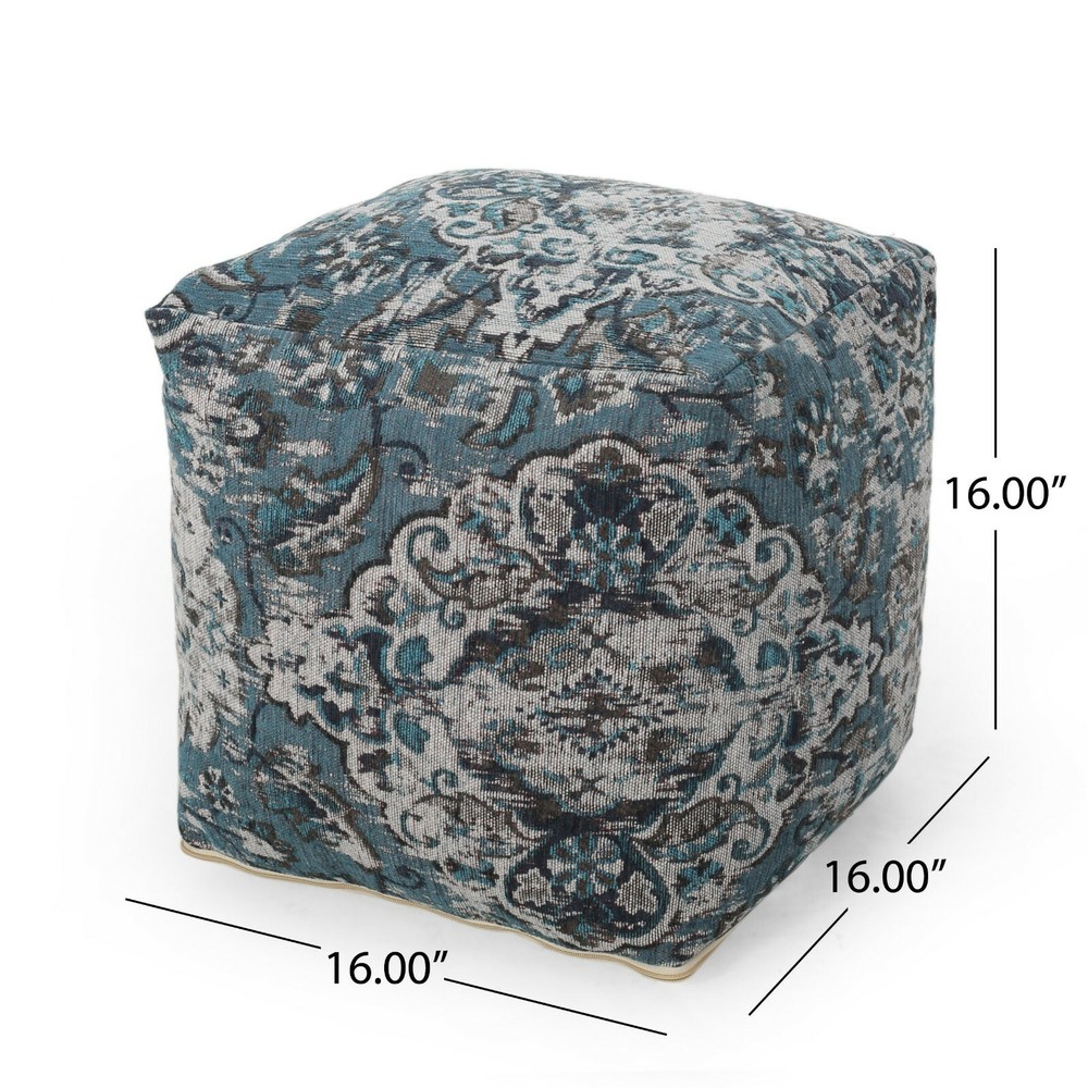 Boho Handmade Fabric Oriental Cube Pouf, Blue