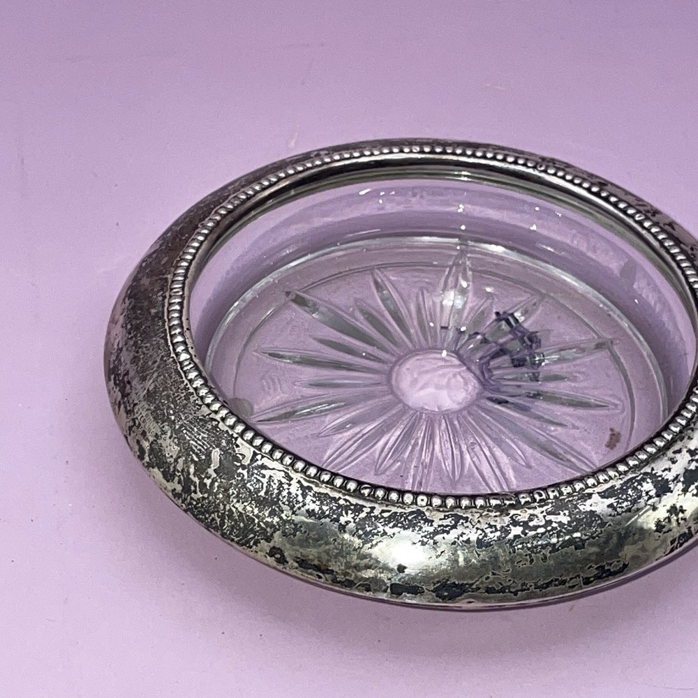 Sterling Silver & Pressed Glass Coaster 4" Round Frank M Whiting & Co