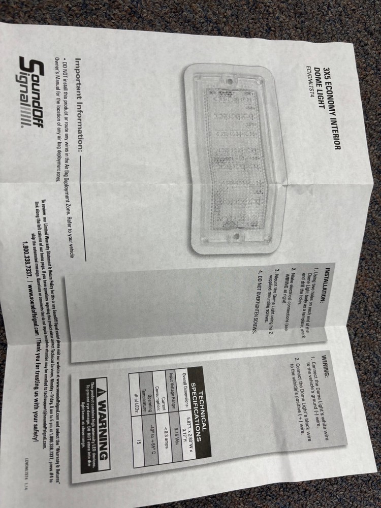 SoundOff Signal rectangular flush mount white base dome light ECVDMLTST4