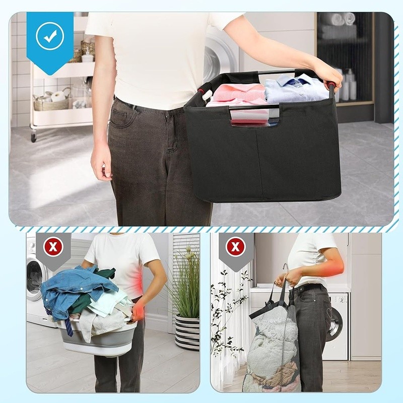 Collapsible Laundry Basket W/ Lumbar Support Sturdy Metal Frame Space Saving New