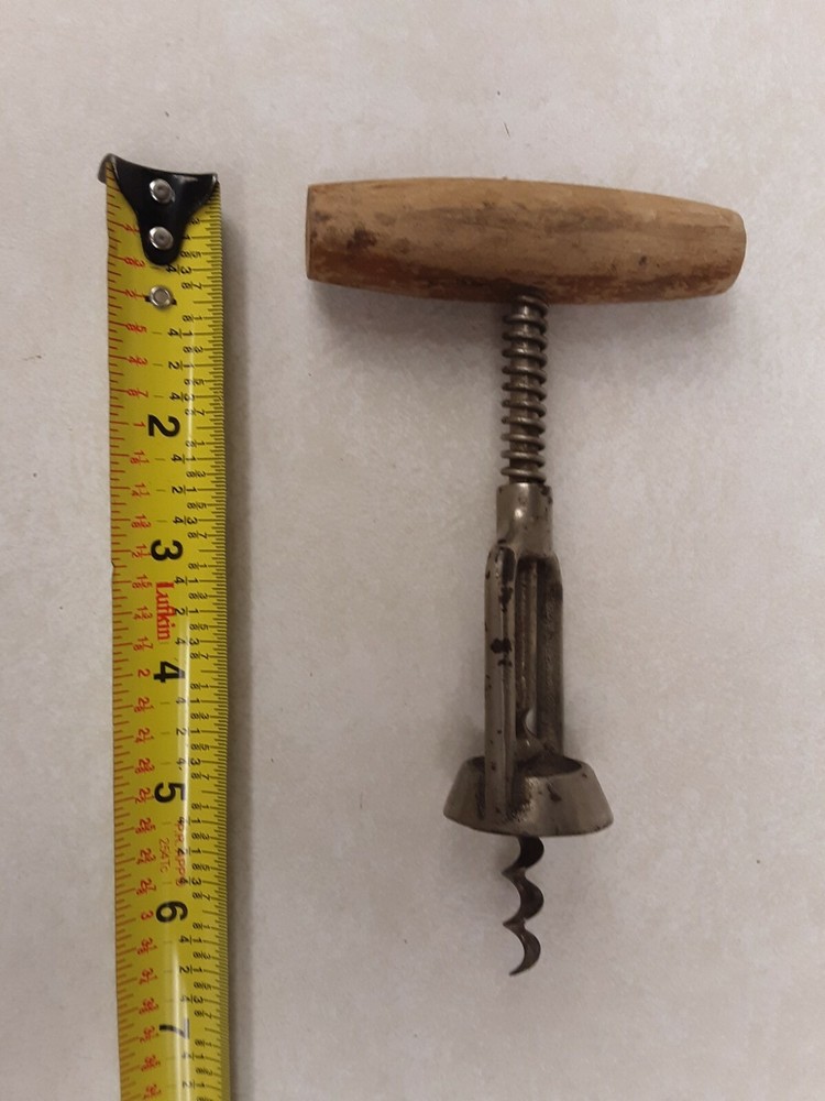 Vintage Mechanical Corkscrew Open Barrel Spring Wooden Handle Barware