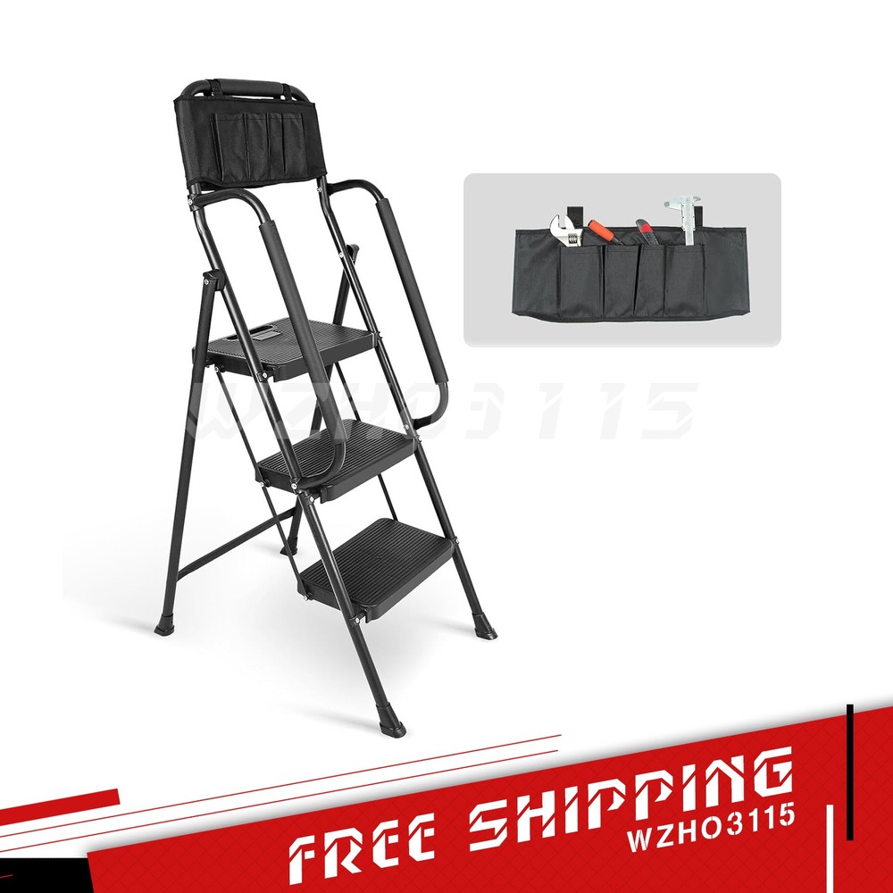 3 Step stool Ladder with Handrails 500 lbs folding Attachable Tool Black