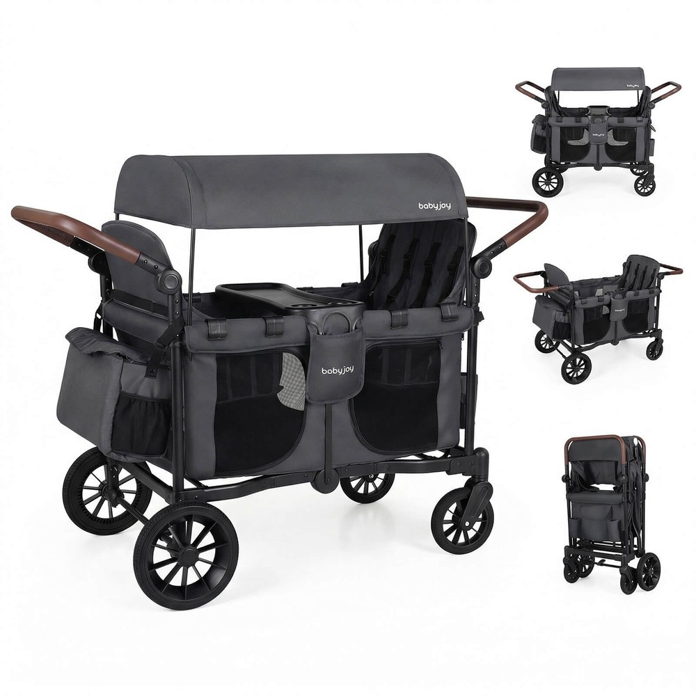 Wagon Stroller, Foldable 4-Seater Push-Pull Toddler Stroller w/Removable Canopy