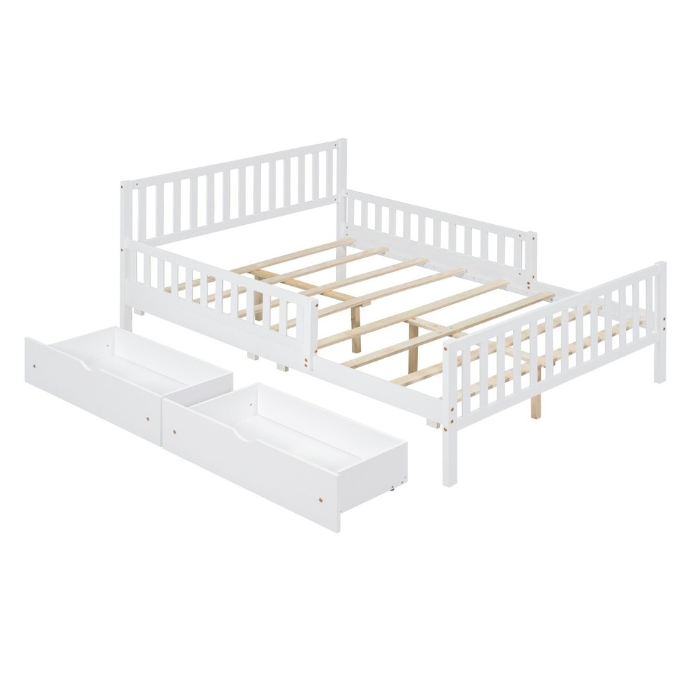 Full Size Bed Frame Wood Platform Bed Frame w/ 2 Drawer & Guardrails White