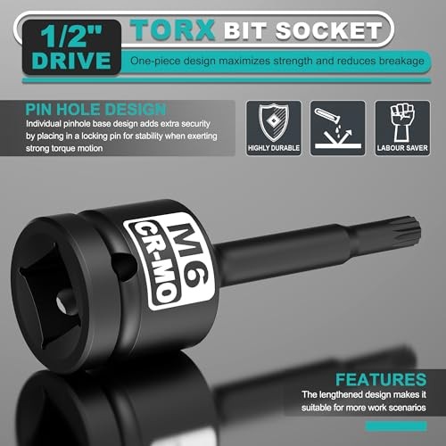 1/2" Drive M6 XZN Bit Socket, Triple Square Spline Bit Socket, CR 1/2" M6 Deep