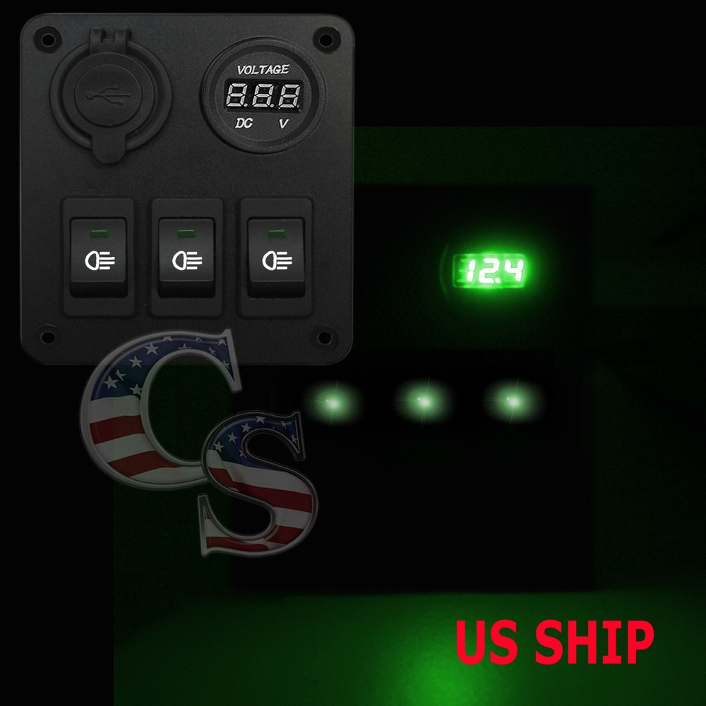 Green 35A 3 Gang Car Rocker Switch Panel USB Socket Power Plug Voltmeter Charger