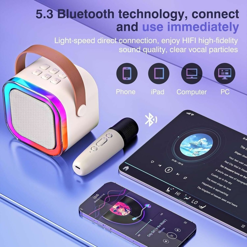 Wireless Mini Karaoke Machine Bluetooth Speaker with 2 Microphones Portable US