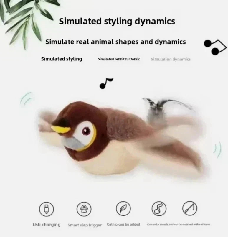 USB Powered Interactive Bird Cat Toy Realistic Flapping Sparrow for Cats🐦 USB