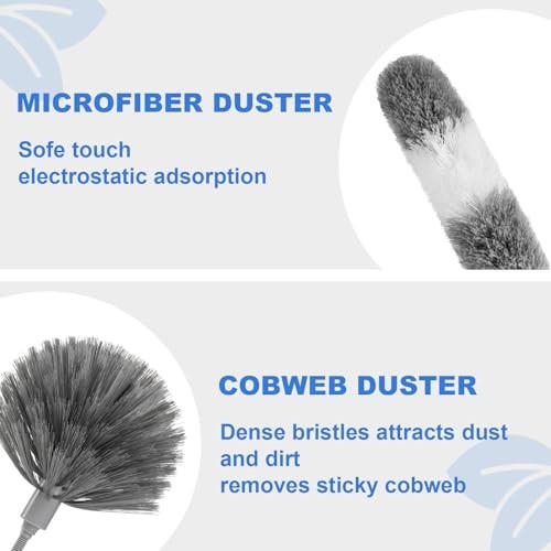 3PCS Cobweb Duster Set with Extension Pole, Long Handle Feather Duster & Ceiling